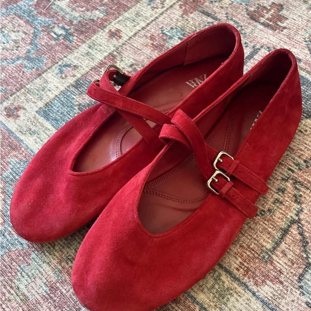 Women Zara Red Ballerina Mary Jane Flats Size 9 Real Suede